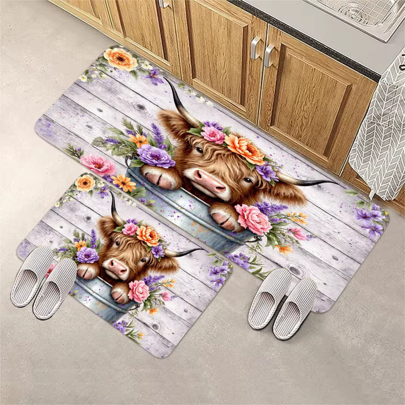 Tapis long de cuisine à motif vache floral