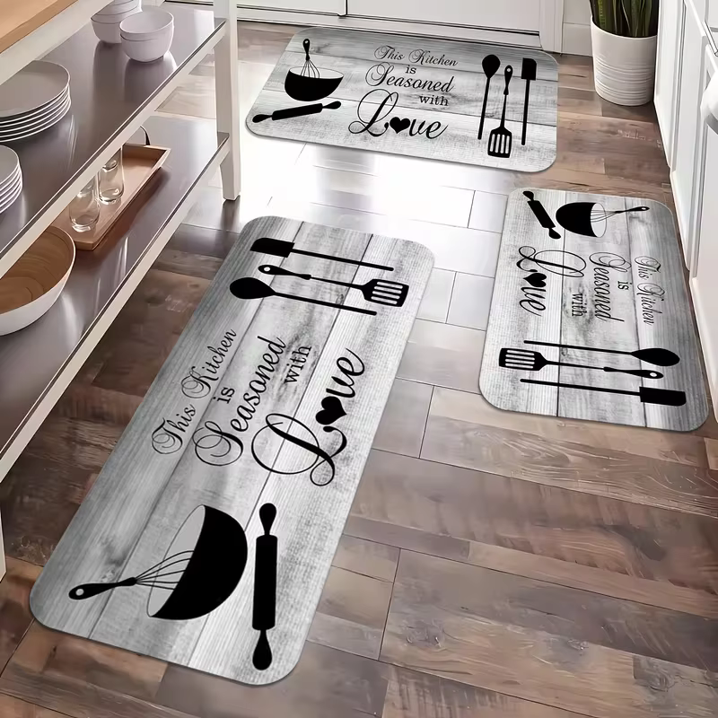 Tapis de lettres de cuisine à grain de bois gris