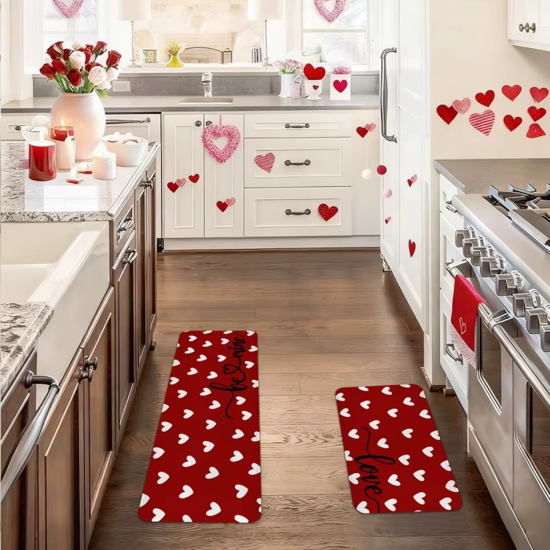 Ensemble de tapis de cuisine pour la Saint-Valentin, tapis de couloir de cuisine, avec petits cœurs et motif d'amour.