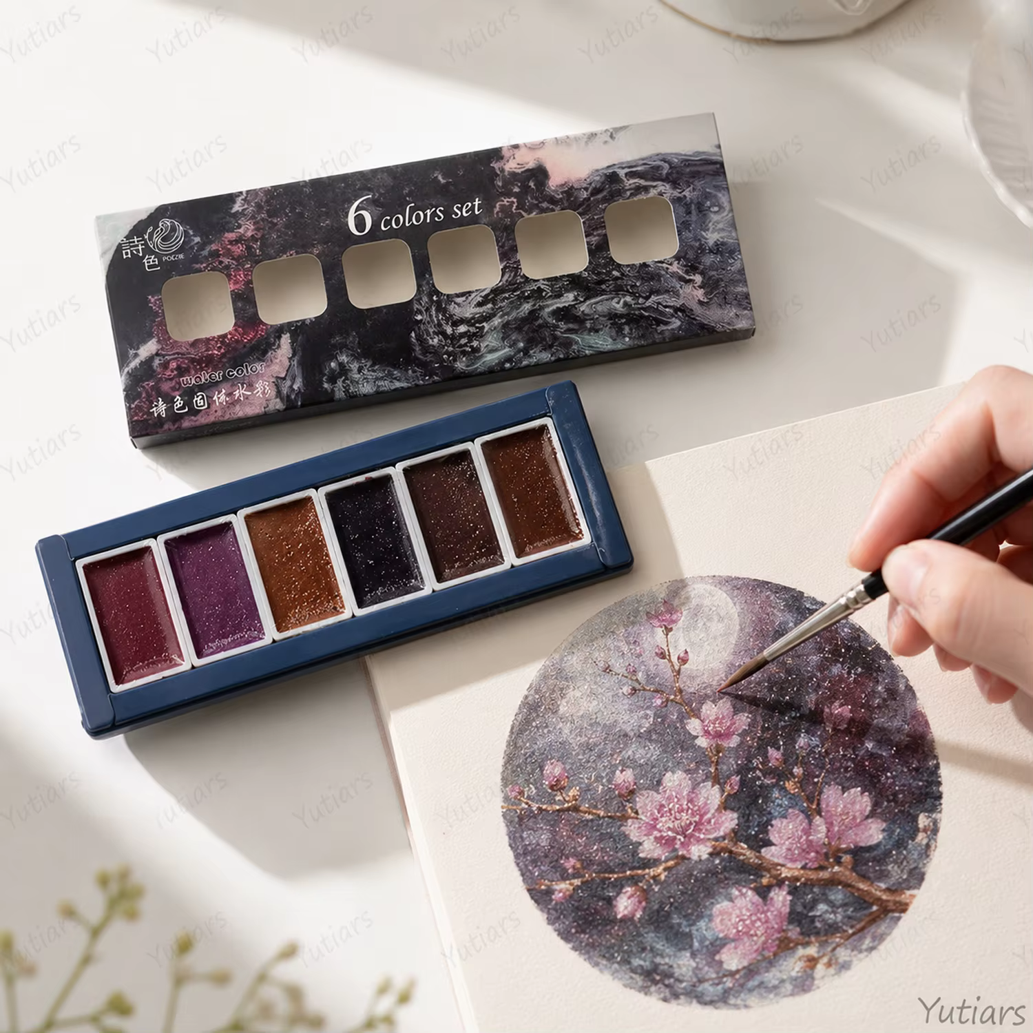 Ensemble de peinture à l'aquarelle perlée 6 couleurs, palette de pigments scintillants superposés pour le journal artistique, la calligraphie, les fournitures de peinture DIY