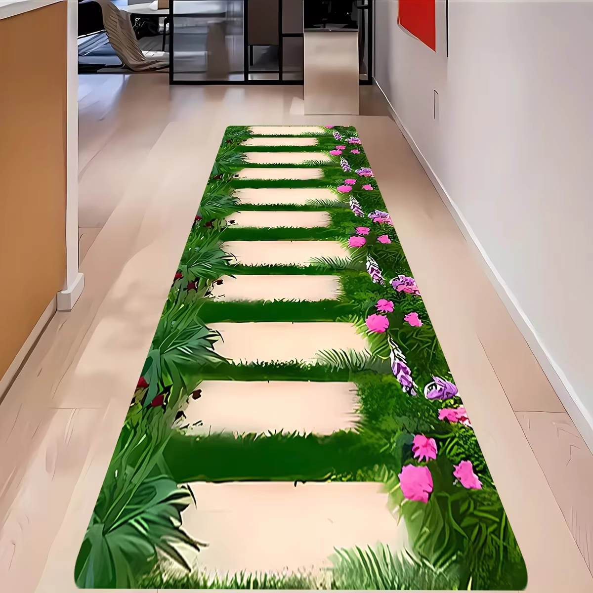 Tapis de couloir antidérapant à motif de plantes vertes et de marches de pierre