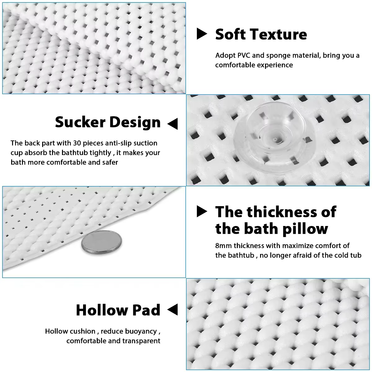 Nouveau tapis de baignoire antidérapant Extra Long avec ventouse PVC Massage creux avec coussin