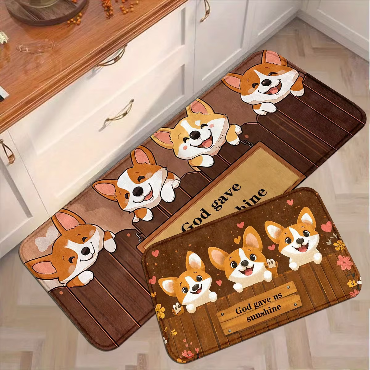Tapis de sol de cuisine en bois avec motif de chien corgi en dessin animé