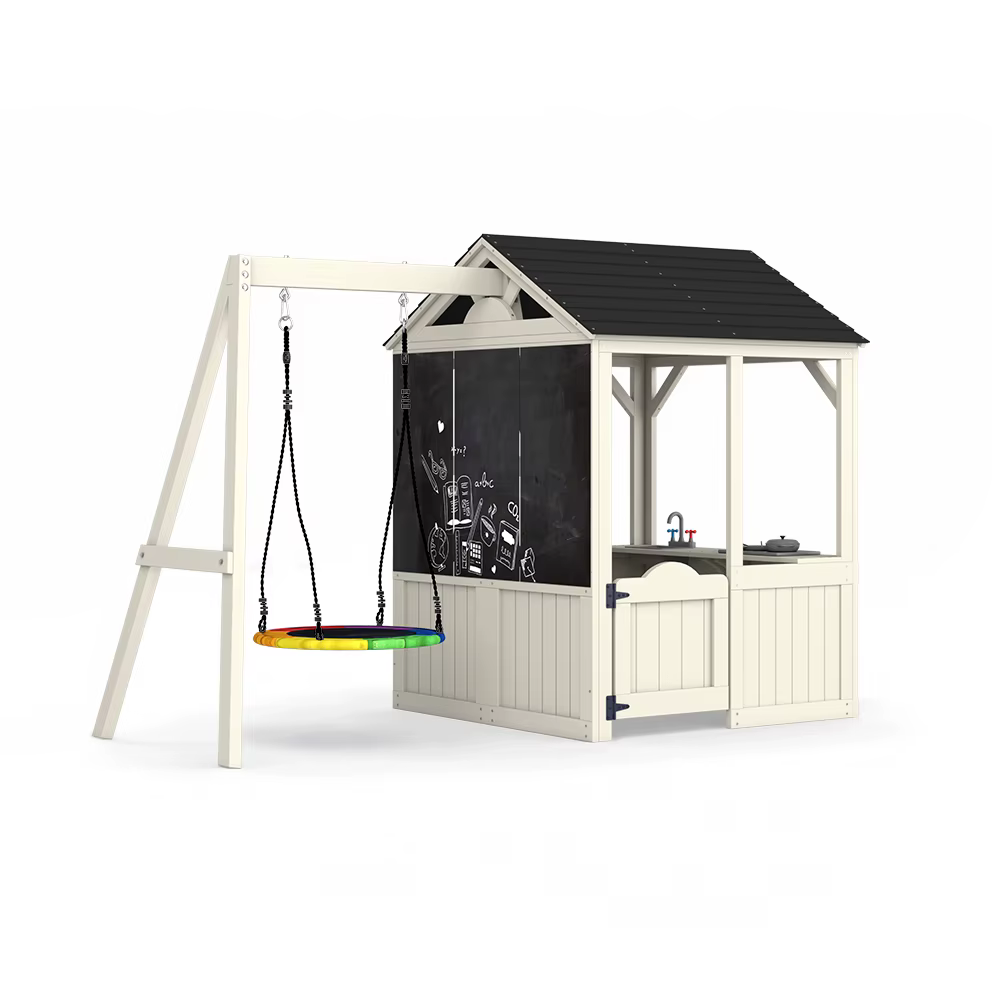 Mobilier de jardin, maisonnette pour enfants, aire de jeux, tables de pique-nique d'extérieur, ensemble de balançoires en toile, maisonnette en bois, cuisine jouet