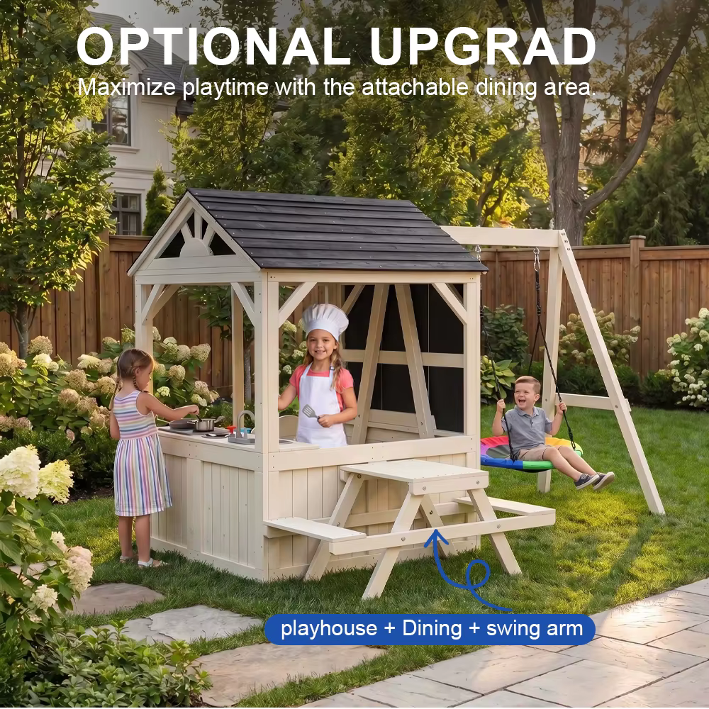 Mobilier de jardin, maisonnette pour enfants, aire de jeux, tables de pique-nique d'extérieur, ensemble de balançoires en toile, maisonnette en bois, cuisine jouet