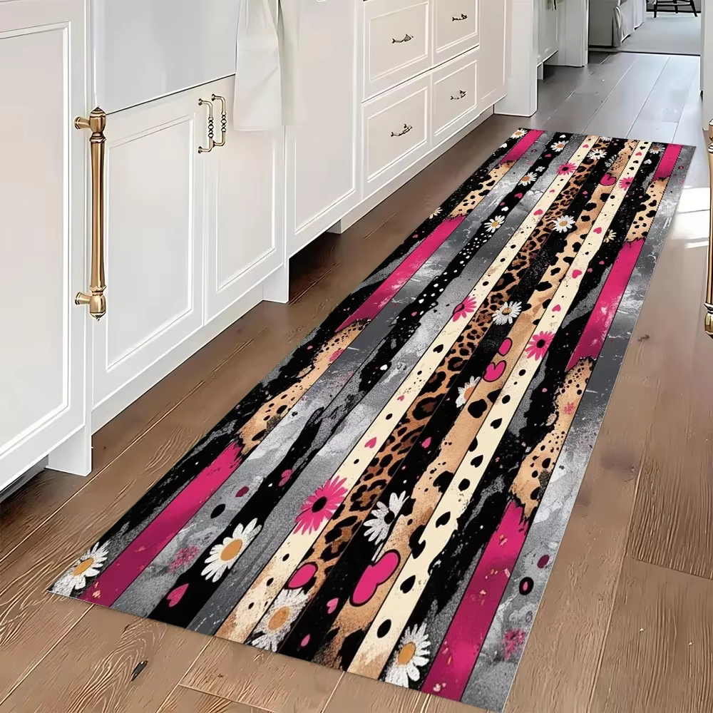 Tapis de couloir long rose léopard antidérapant et lavable