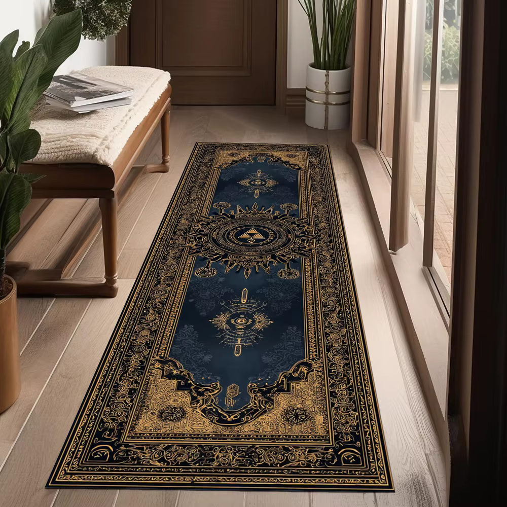 Tapis Triforce Runner Vintage Or et Bleu à Motifs Ornés Antidérapant pour Salon