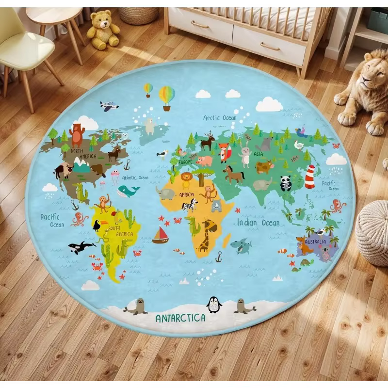 Tapis de sol rond imprimé carte du monde animalier