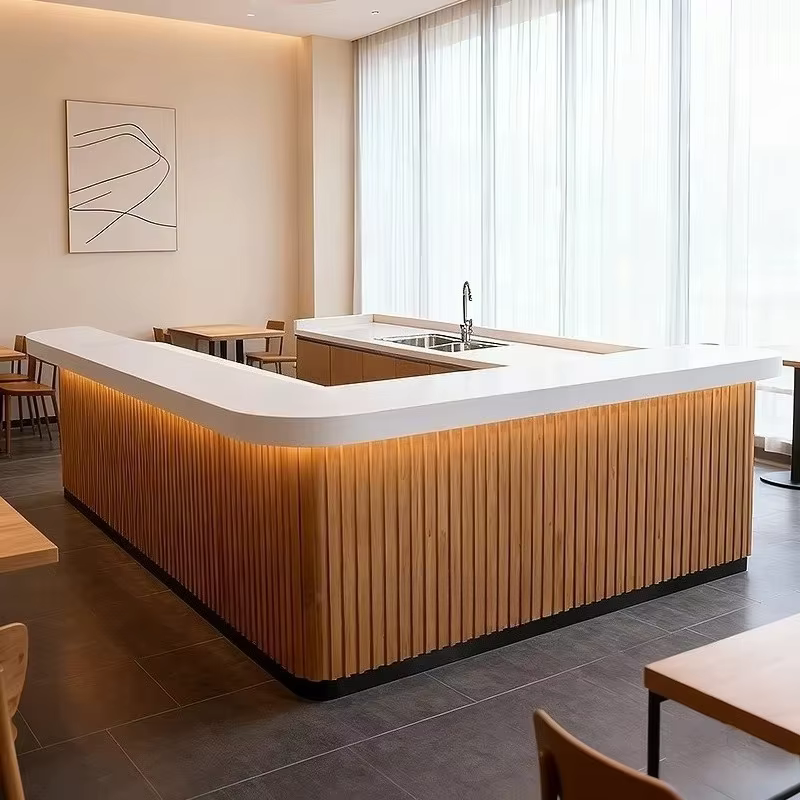 Comptoir de bar personnalisé en bois et marbre en forme de U pour restaurant de luxe moderne, bistro, hôtel, boîte de nuit, pub, cocktail bar