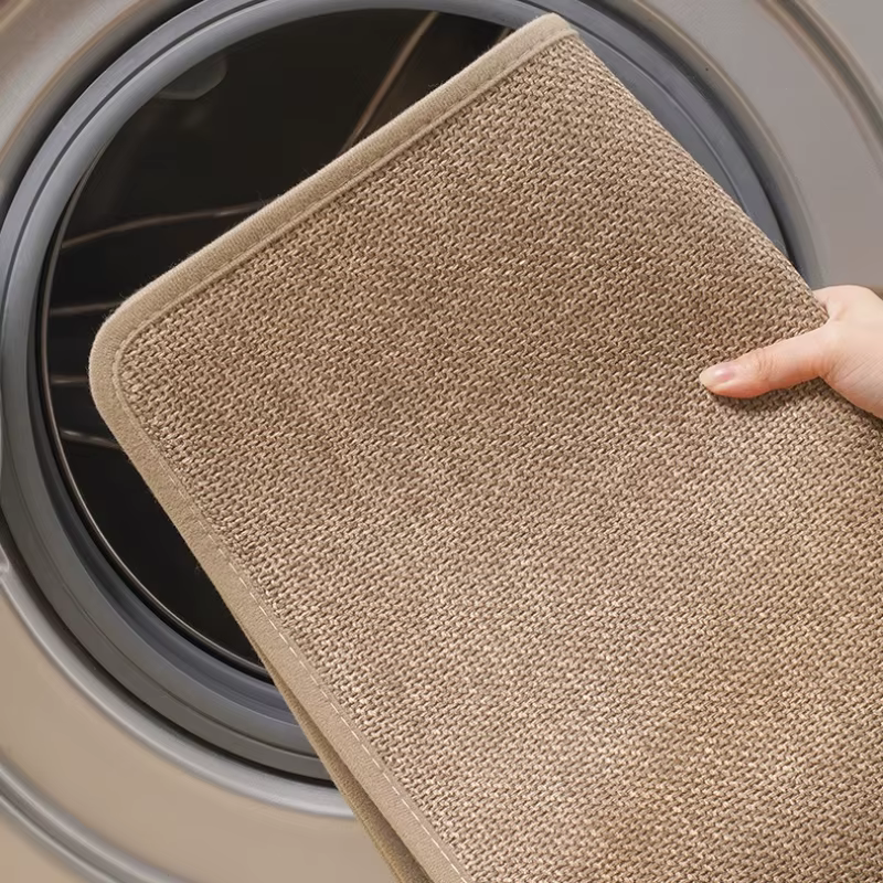 Tapis de bain incurvé en lin avec support en caoutchouc