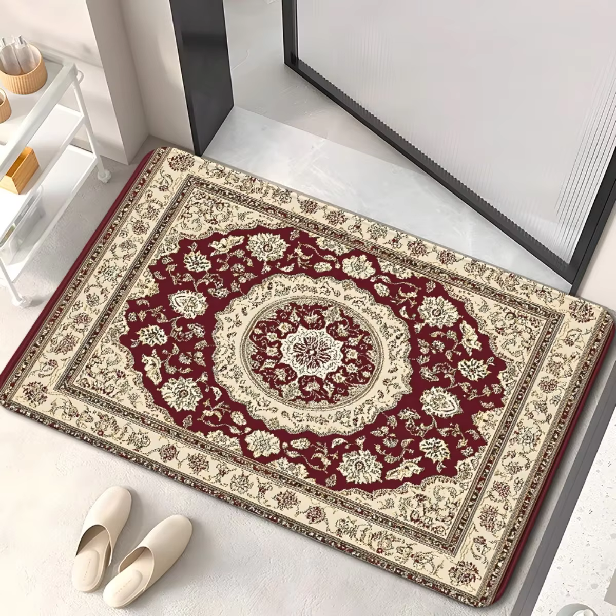 Tapis d'entrée vintage persan bleu et blanc Mandala