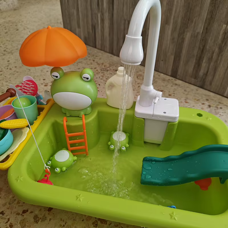 Évier de cuisine de jeu avec eau courante et robinet électrique, jouets flottants pour piscine, jeu de pêche, jeu d'imitation pour enfants - Ensemble lave-vaisselle