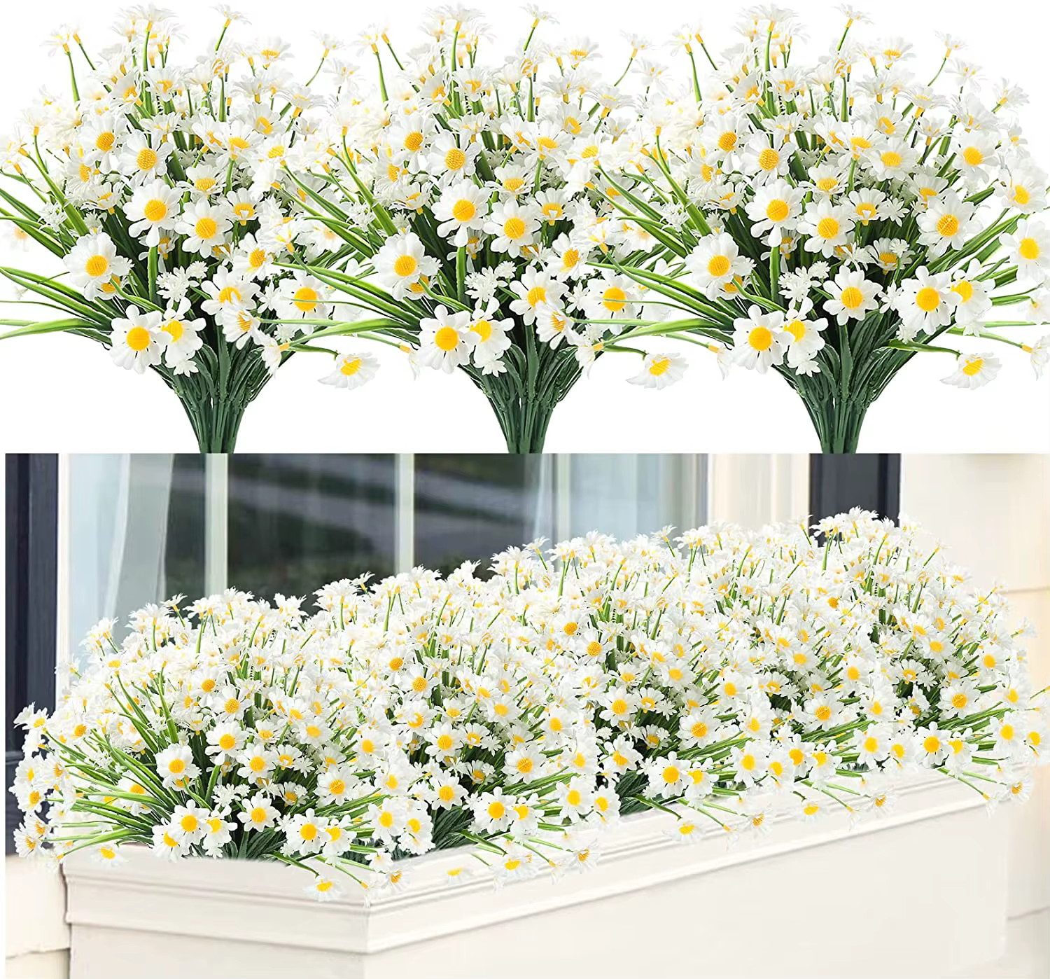 Fleurs de marguerite artificielles, fausses fleurs résistantes aux UV, arbustes verts, jardinière, maison, bureau, jardin, cour, boîte de fenêtre, décoration de mariage