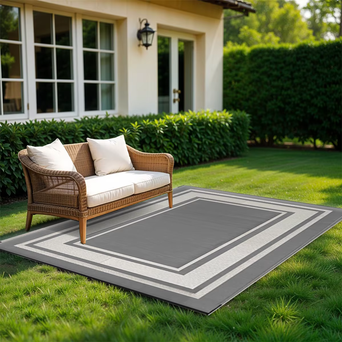 Tapis d'extérieur RURALITY imperméable pour patio, grand tapis en paille plastique pour camping, véranda, camping-car, réversible gris et blanc