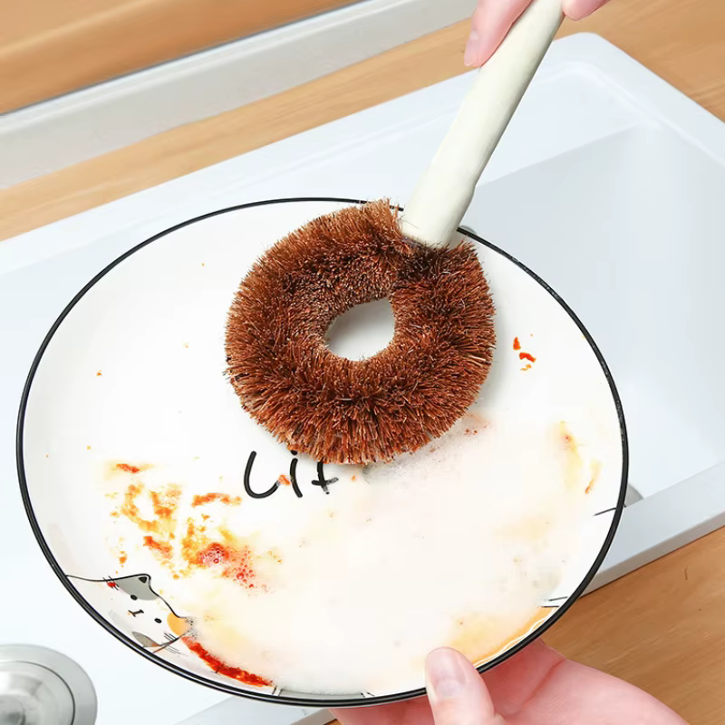 Ensemble de brosses pour casseroles en Fiber de noix de coco, 2 pièces, avec manche Long et poignée en bois, ustensiles de cuisine doux, huile antiadhésive, épurateur de casseroles de cuisine Durable