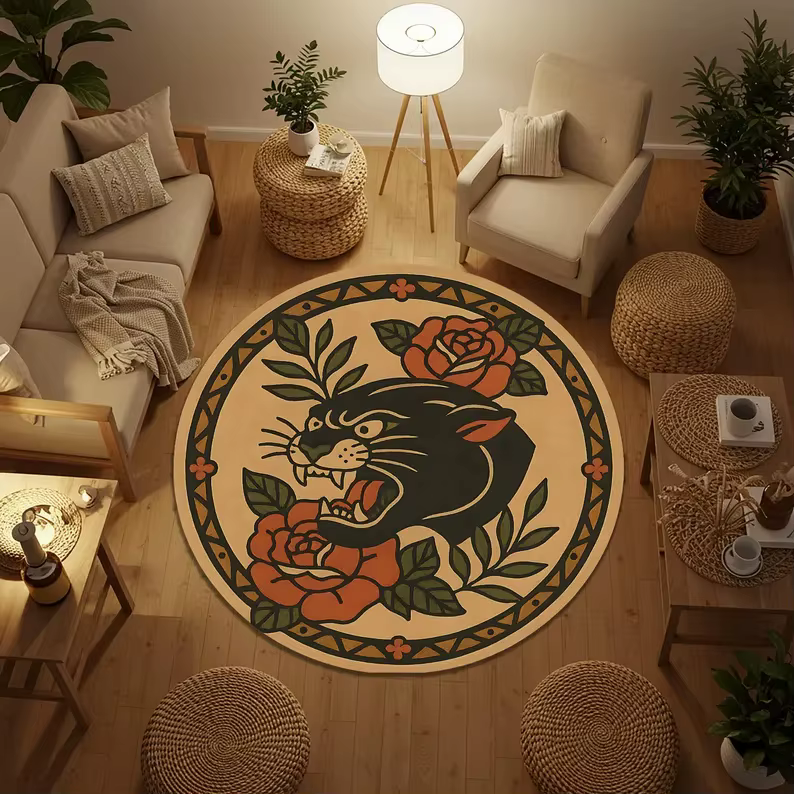 Tapis rond à motif de tatouage léopard de Style rétro