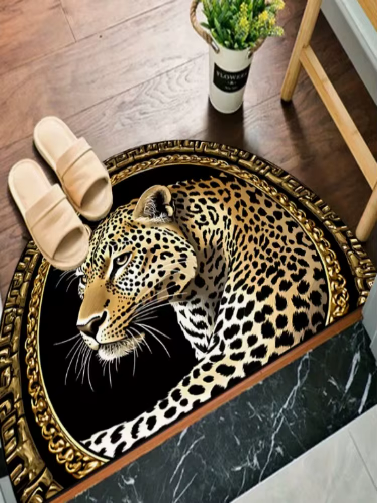 Tapis de porte demi-rond de luxe motif léopard doré