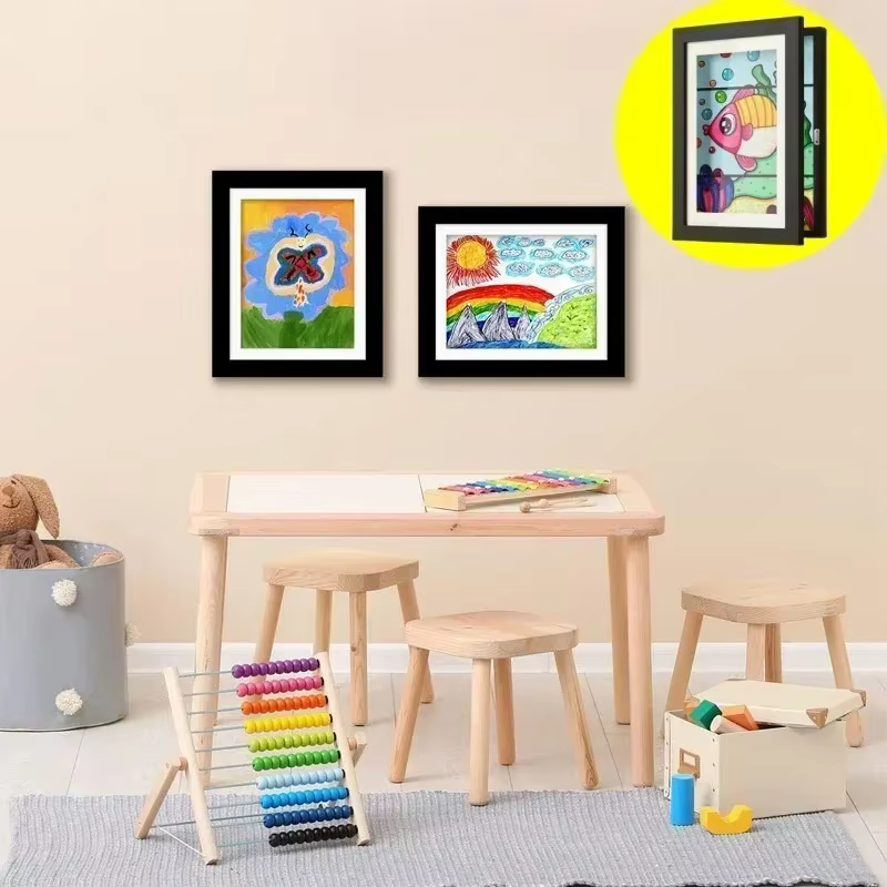 Cadres artistiques pour enfants, cadre magnétique en bois ouvert sur le devant, modifiable, pour photos, dessin, peintures, affichage d'images, décoration de maison