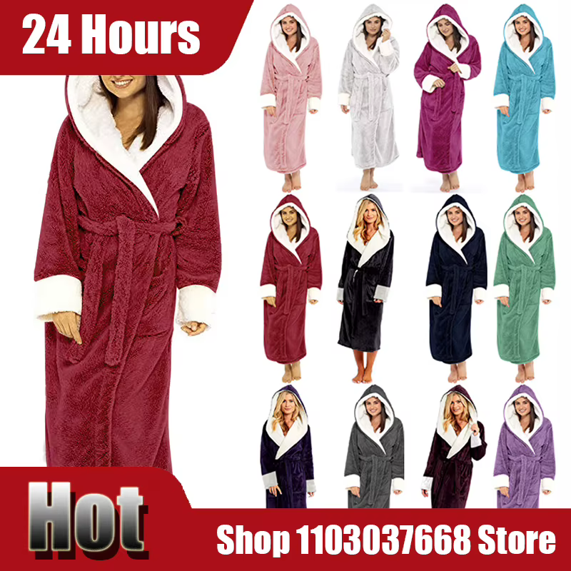 Peignoir à capuche pour femmes, taille réglable, chemise de nuit mi-longue, vêtements de maison pour dames, polaire épaisse, chaud à lacets, hiver