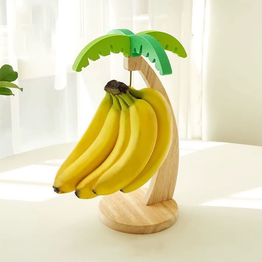 Support à bananes en bois, étagère de cuisine suspendue, support de rangement vertical décoratif pour fruits avec feuilles simulées et crochets, décoration de cuisine