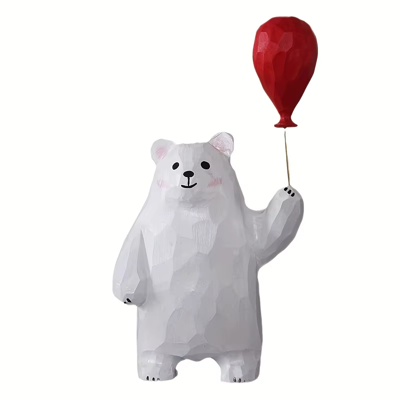 Figurine d'ours en bois avec ballon en forme de cœur – Décor de bureau fait à la main, idée cadeau mignonne.