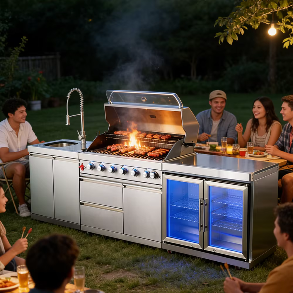 Kit de cuisine extérieure compact FOODLINE avec évier et armoire réfrigérateur pour terrasse et patio