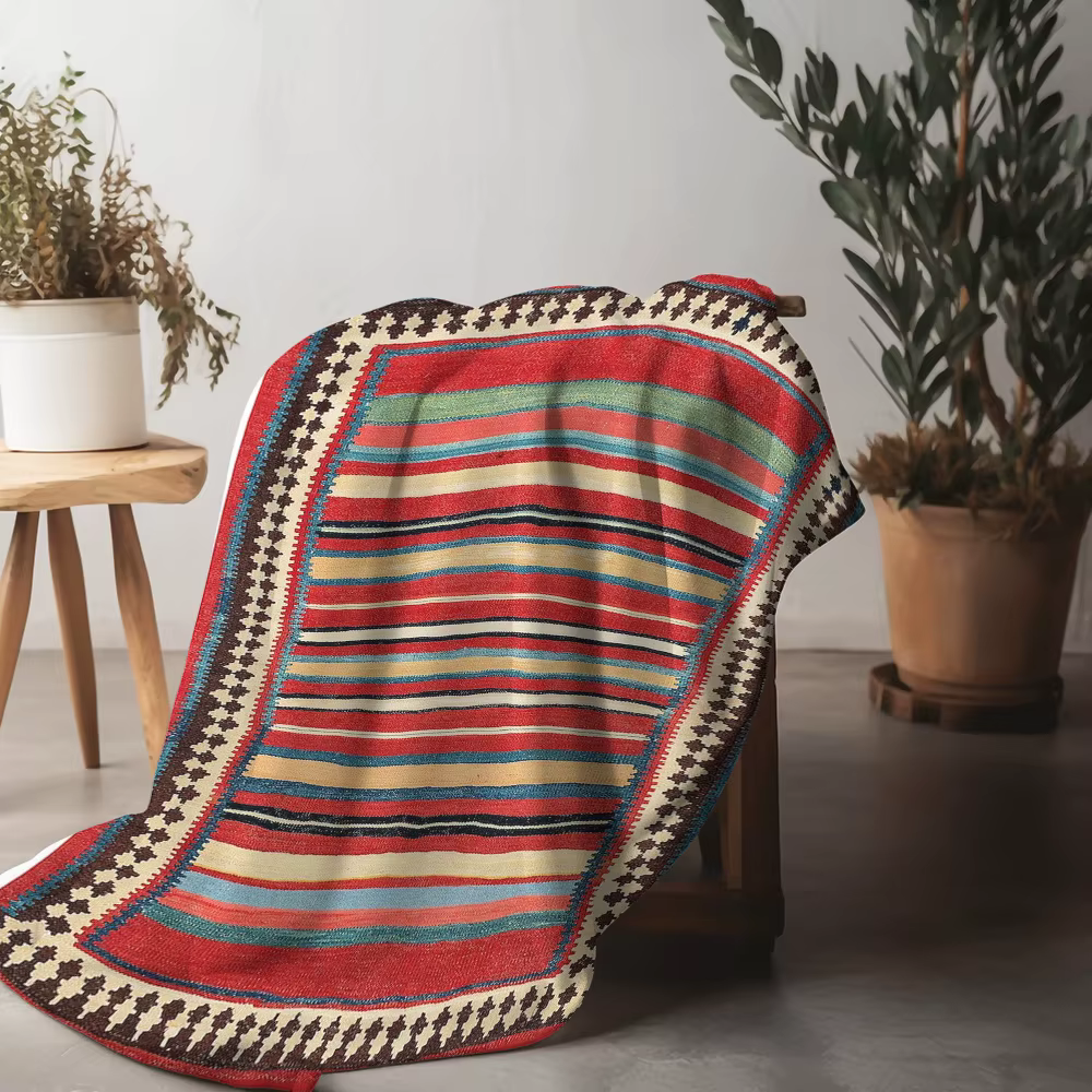 Tapis Kilim rayé Vintage ethnique fait à la main en laine