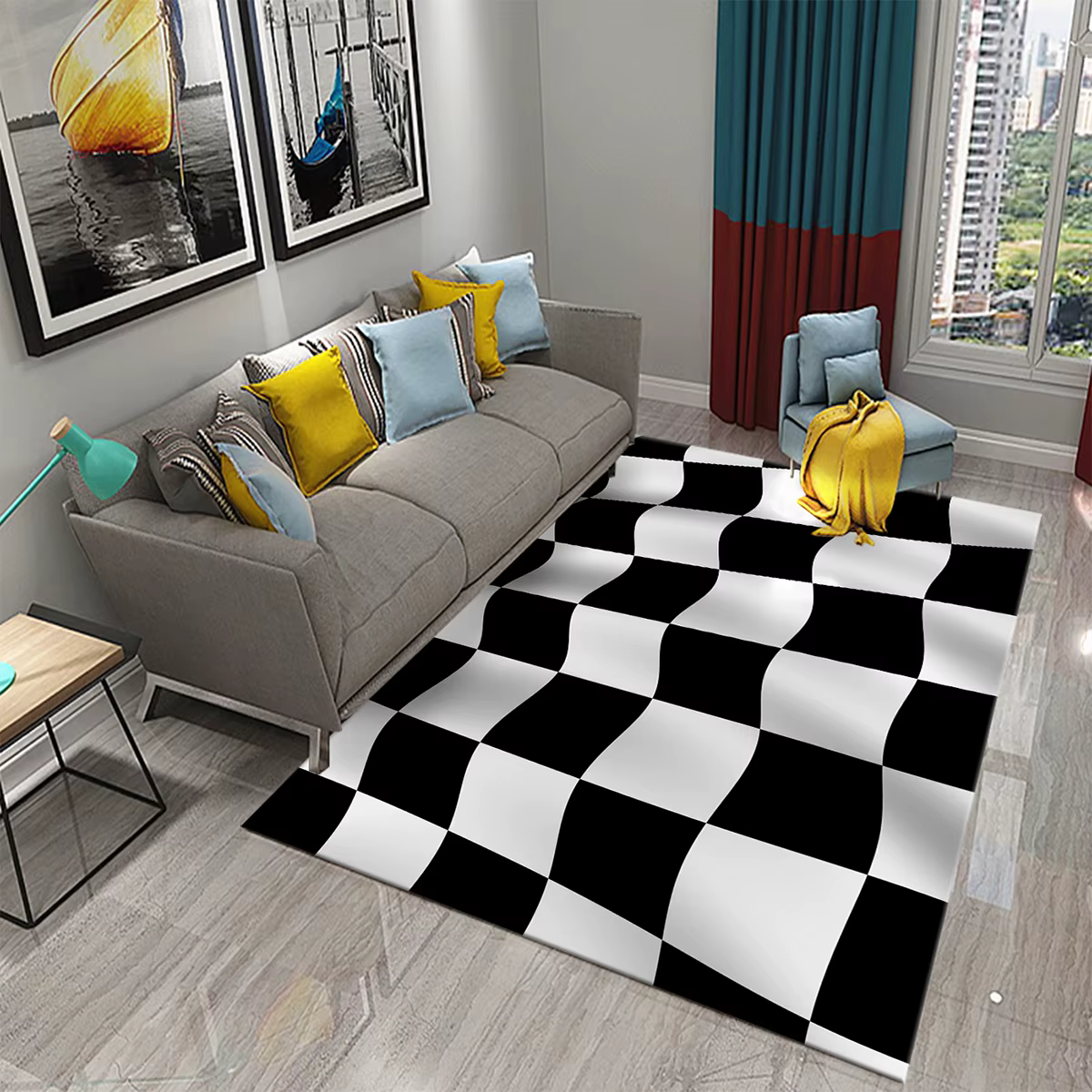 Tapis à carreaux en damier noir et blanc
