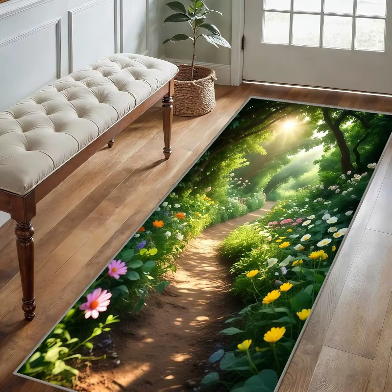Tapis de couloir antidérapant 2D motif sentier forestier ensoleillé