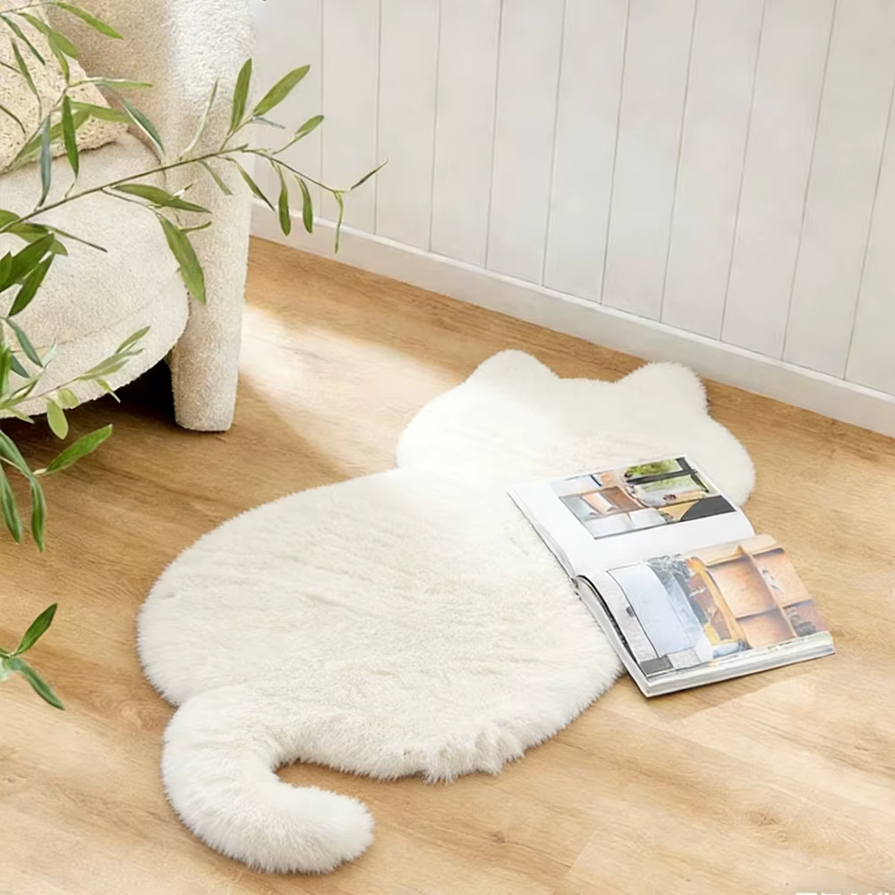 Tapis en fausse fourrure de lapin en forme de chat