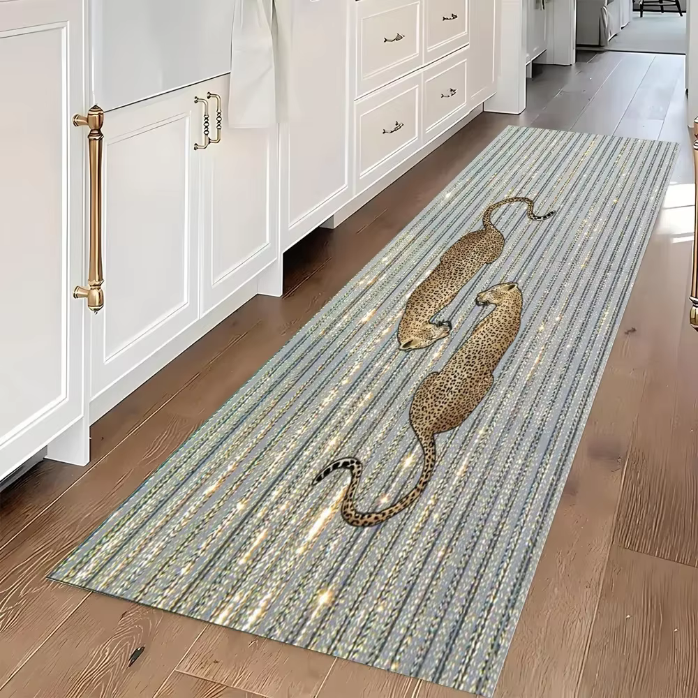 Preppy Pink Leopard Long Runner Rug Non Slip Washable Kitchen Mat Green White Checkerboard Cheetah Hallway Carpet
