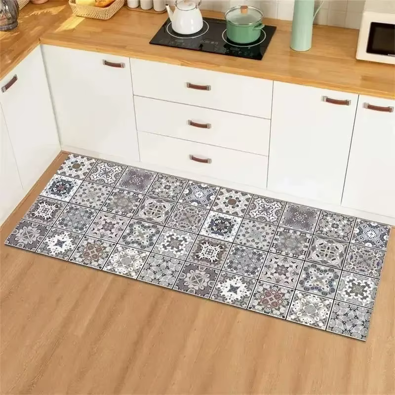 Tapis de cuisine Long avec Collage de carreaux Vintage bleu jaune