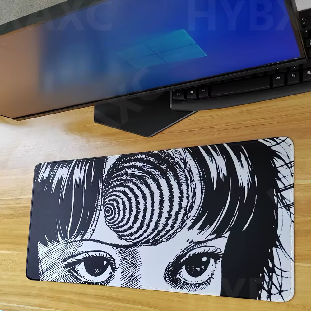 Tapis de souris noir et blanc, tapis de bureau HD mignon, tapis de clavier de jeu arc-en-ciel, grand média Gamer, collage Junji Ito, souris Anime Horror Sub