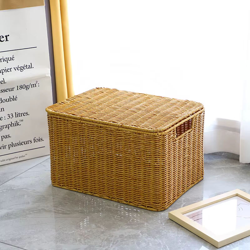Nouvelle boîte de rangement - Chambre à coucher avec couvercle - Boîte organisatrice de vêtements - Imitation rotin tressé - Panier de rangement