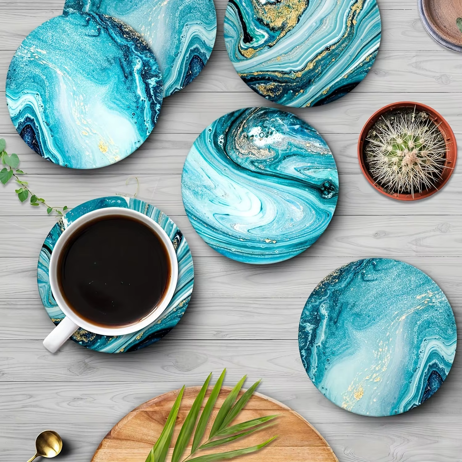 Ensemble de 6 dessous-de-verre et sets de table ronds en bois bleu océan 2D - Décoration