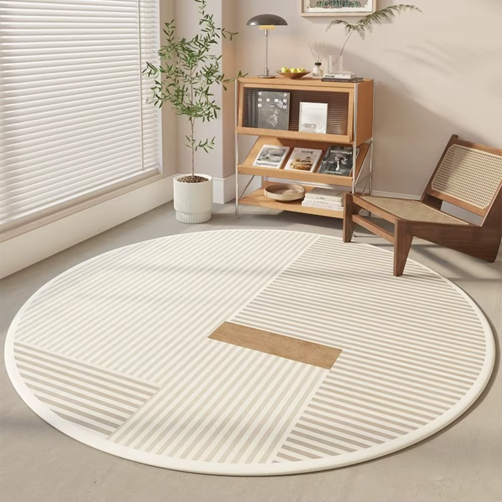 Tapis rond moderne crème avec motif de lignes noires abstraites