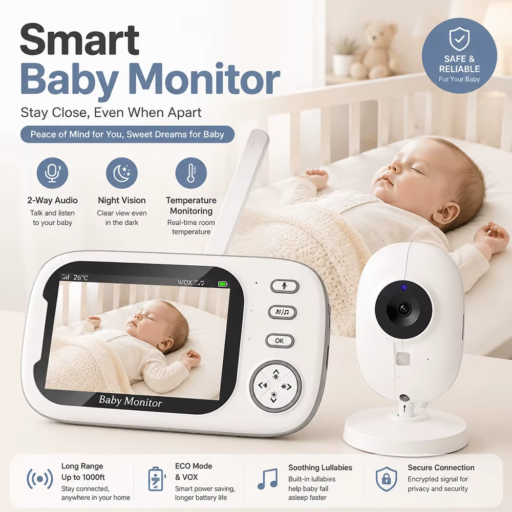 Moniteur bébé 3,5 pouces avec caméra et audio, moniteur vidéo bébé 720P, communication bidirectionnelle, vision nocturne, capteur de température, berceuses