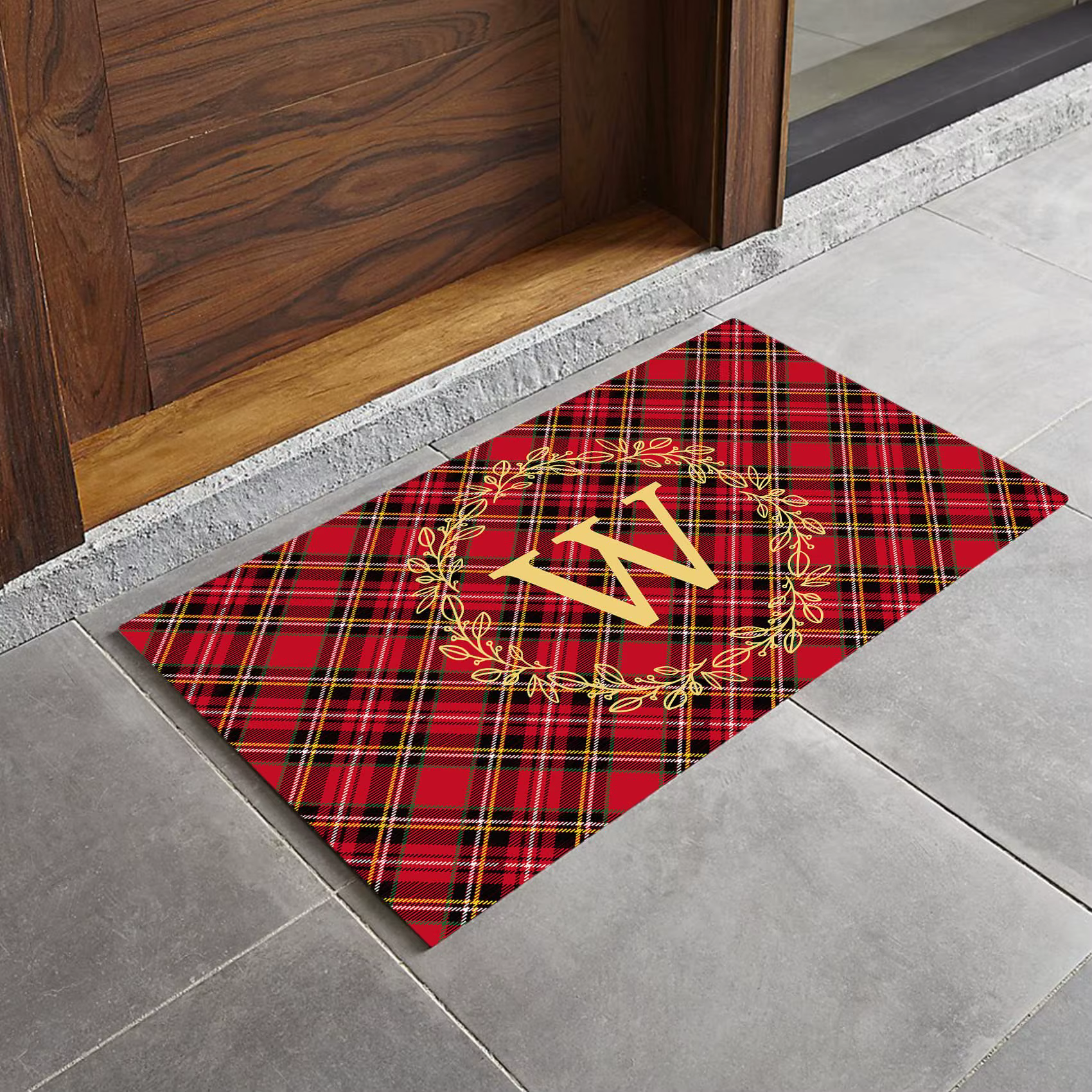 Tapis de porte personnalisé en Tartan de noël, nom de famille personnalisé, couronne de feuilles initiales, paillasson d'entrée, support en caoutchouc, antidérapant