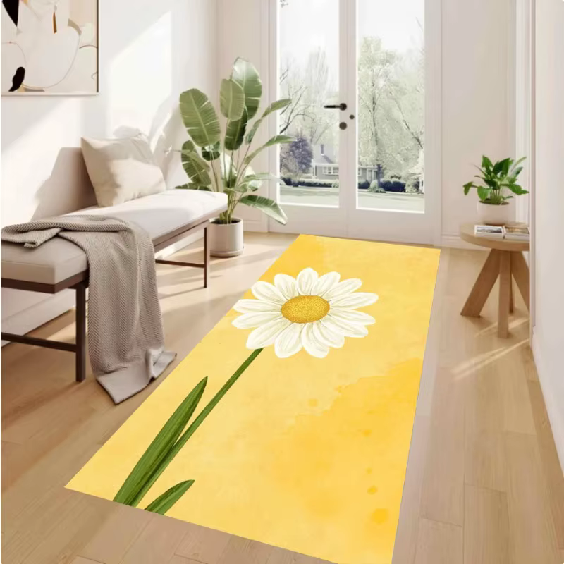 Tapis long antidérapant en toile aquarelle motif marguerite blanche et jaune