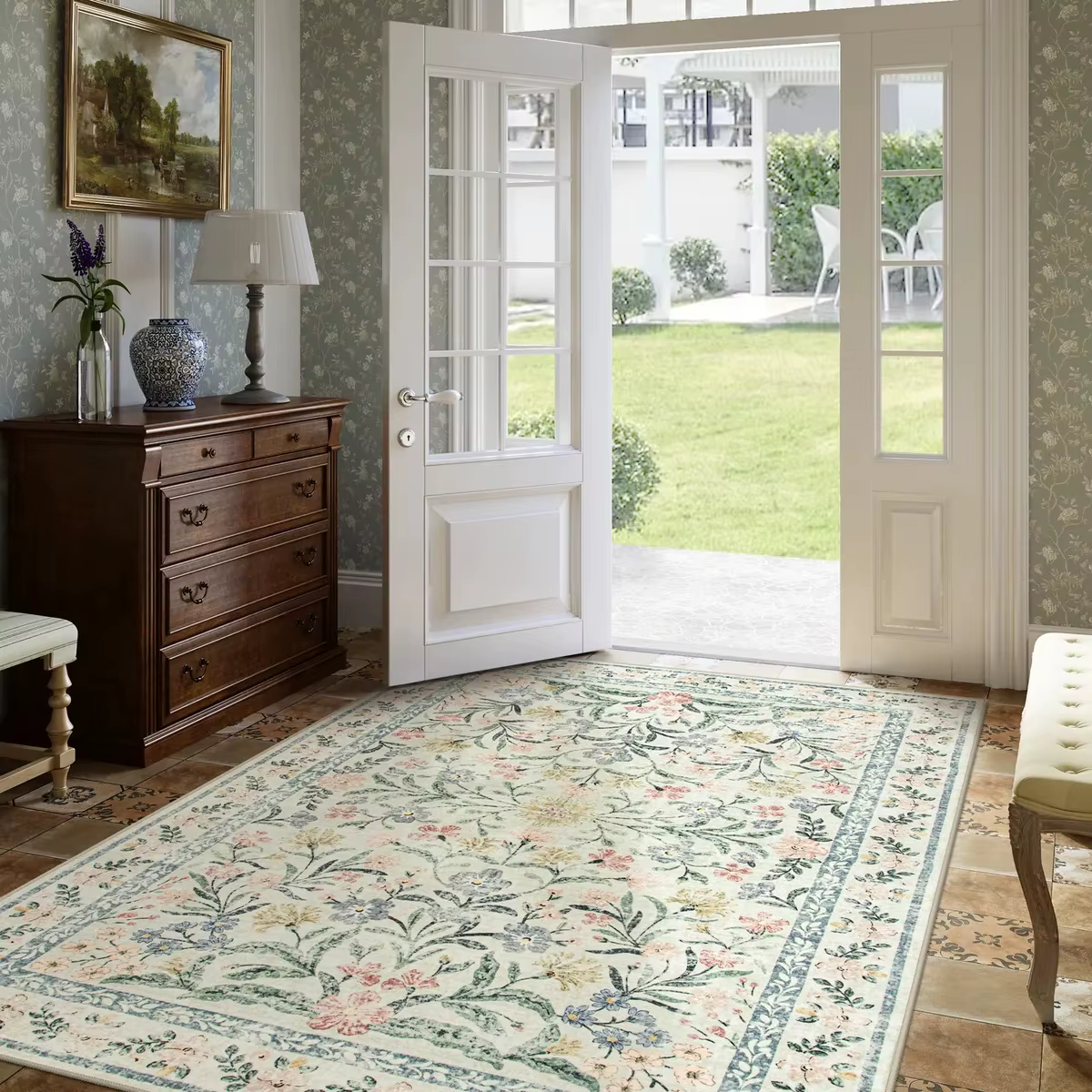 Tapis vert floral moderne de style parisien pour salon