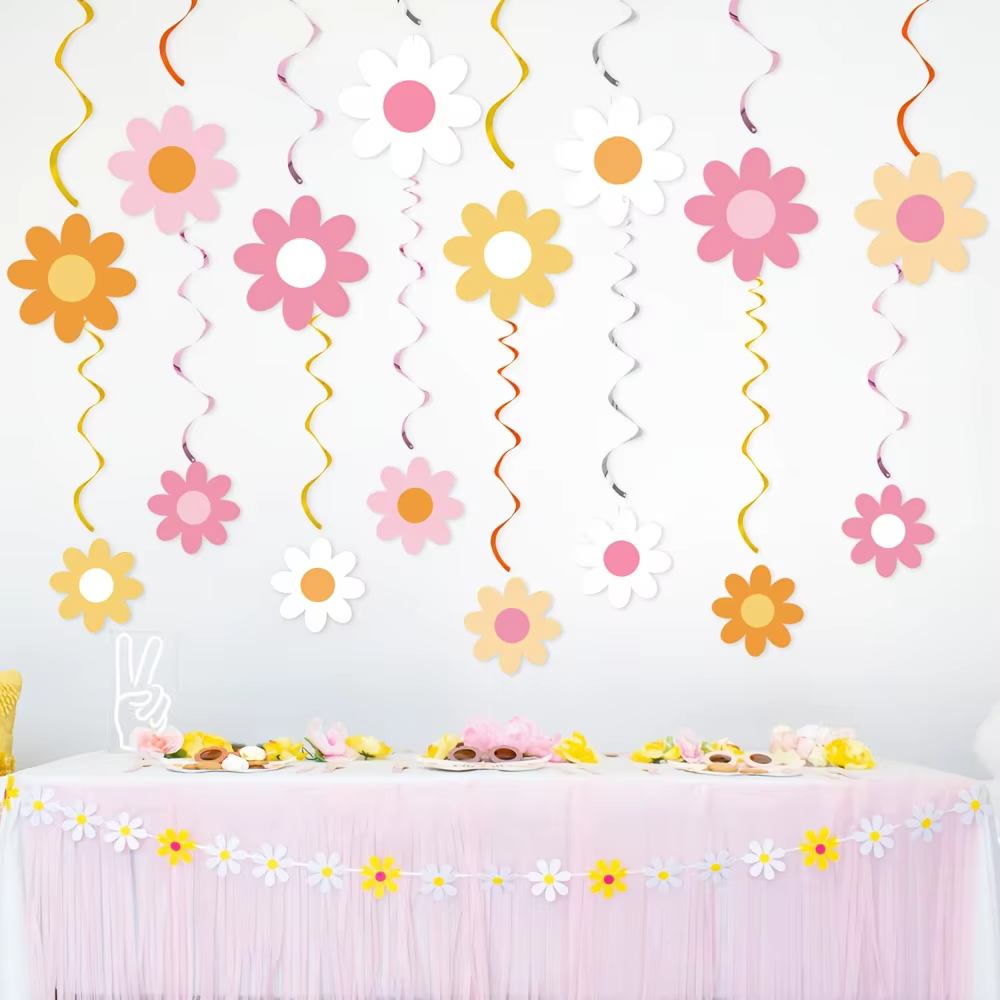 Ensemble de 16 décorations suspendues rotatives en forme de marguerite - Idéal pour une fête d'anniversaire sur le