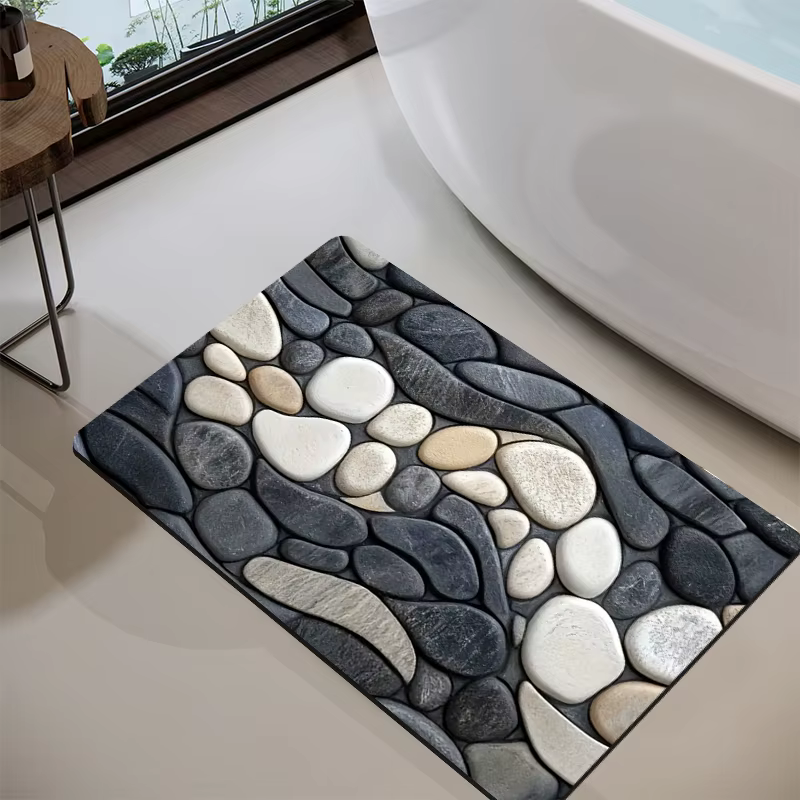 Tapis de sol en diatomite à motif galet, absorbant, antidérapant, pour cuisine, salle de bain, salon, avec support en caoutchouc 2D