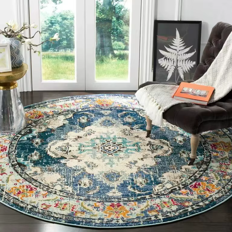 Tapis rond vintage à motif floral