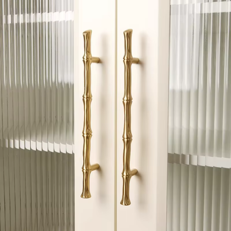 Poignée de meuble en forme de bambou en bronze nordique, en laiton massif, pour armoire de cuisine, poignée en T pour armoire, boutons vintage pour chambre à coucher