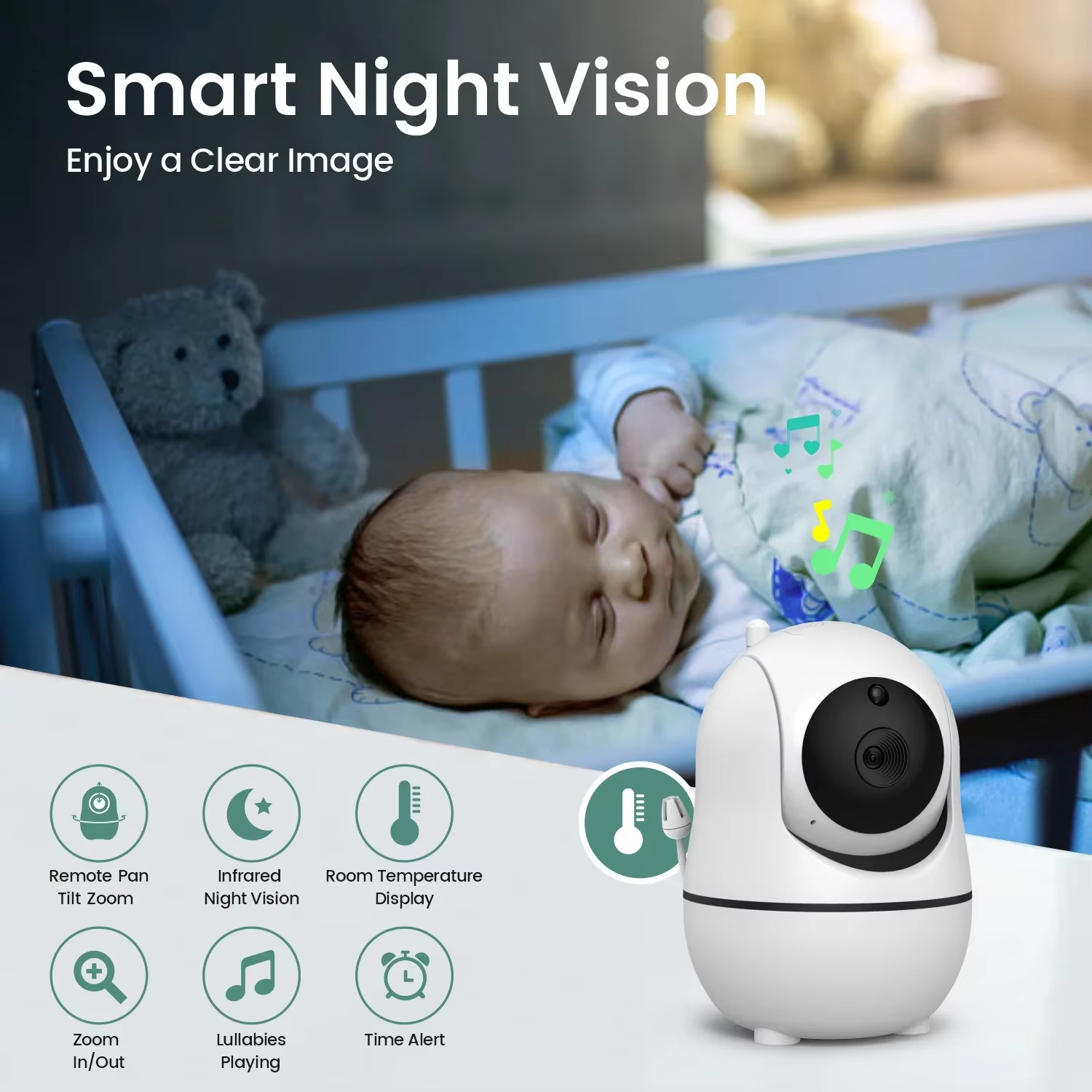 Moniteur vidéo pour bébé de 7,0 pouces, avec caméra PTZ à zoom 4X, écran partagé HD, audio bidirectionnel, vision nocturne IR, batterie 4000mAh, SM70 Baby Nanny