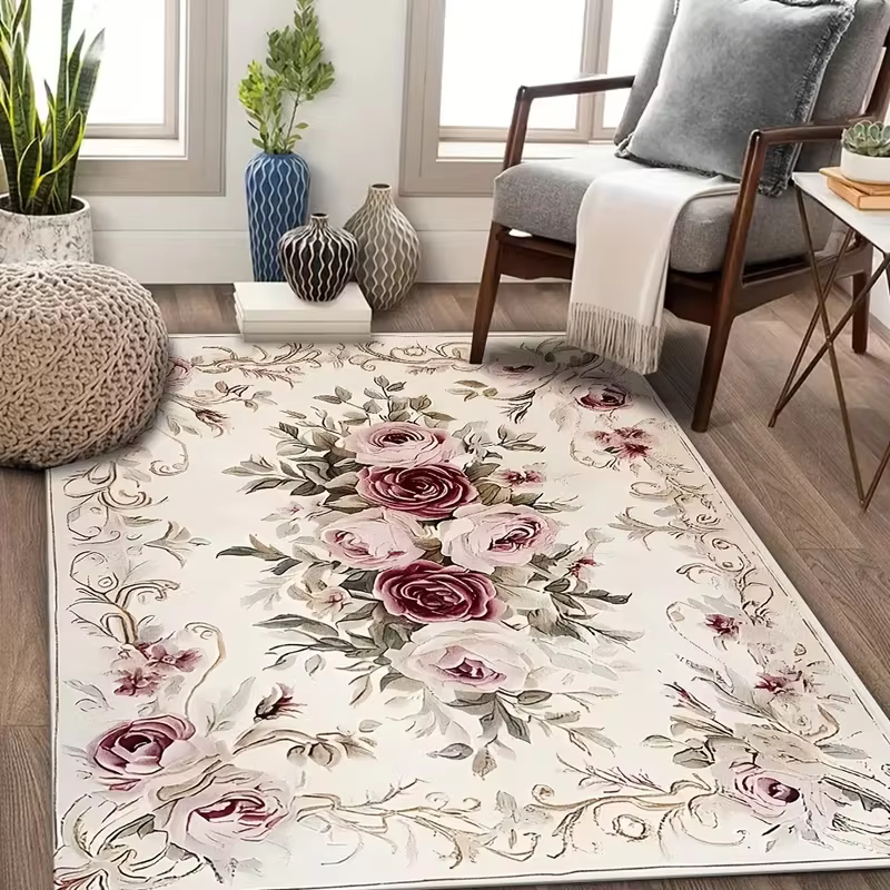 Tapis de salon vintage à motif floral rose français