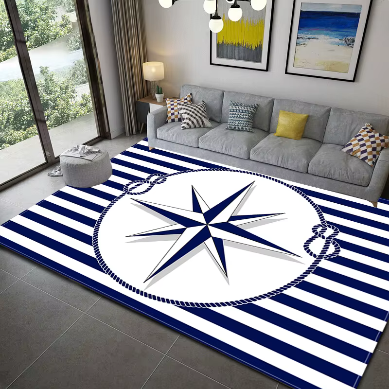 Injecteur de zone de phare d'océan à rayures bleues foncées, tapis de bateau, polymère de sol, tapis doux, salon, HOKitchen