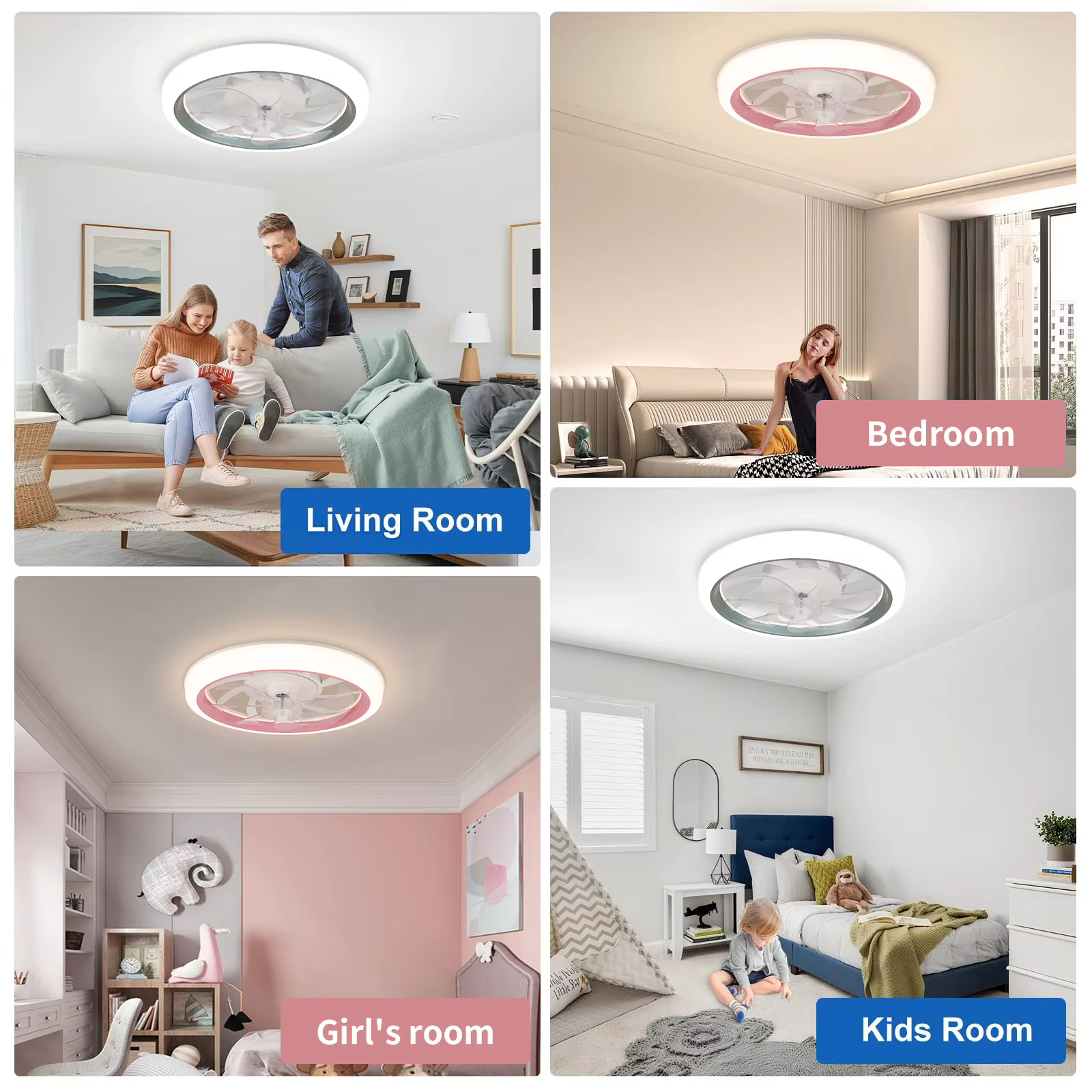 Ventilateur de plafond à profil bas, télécommande avec variateur d'intensité, 6 vitesses de vent, fonction de minuterie, moteur DC silencieux, rose, chambre d'enfant/salon