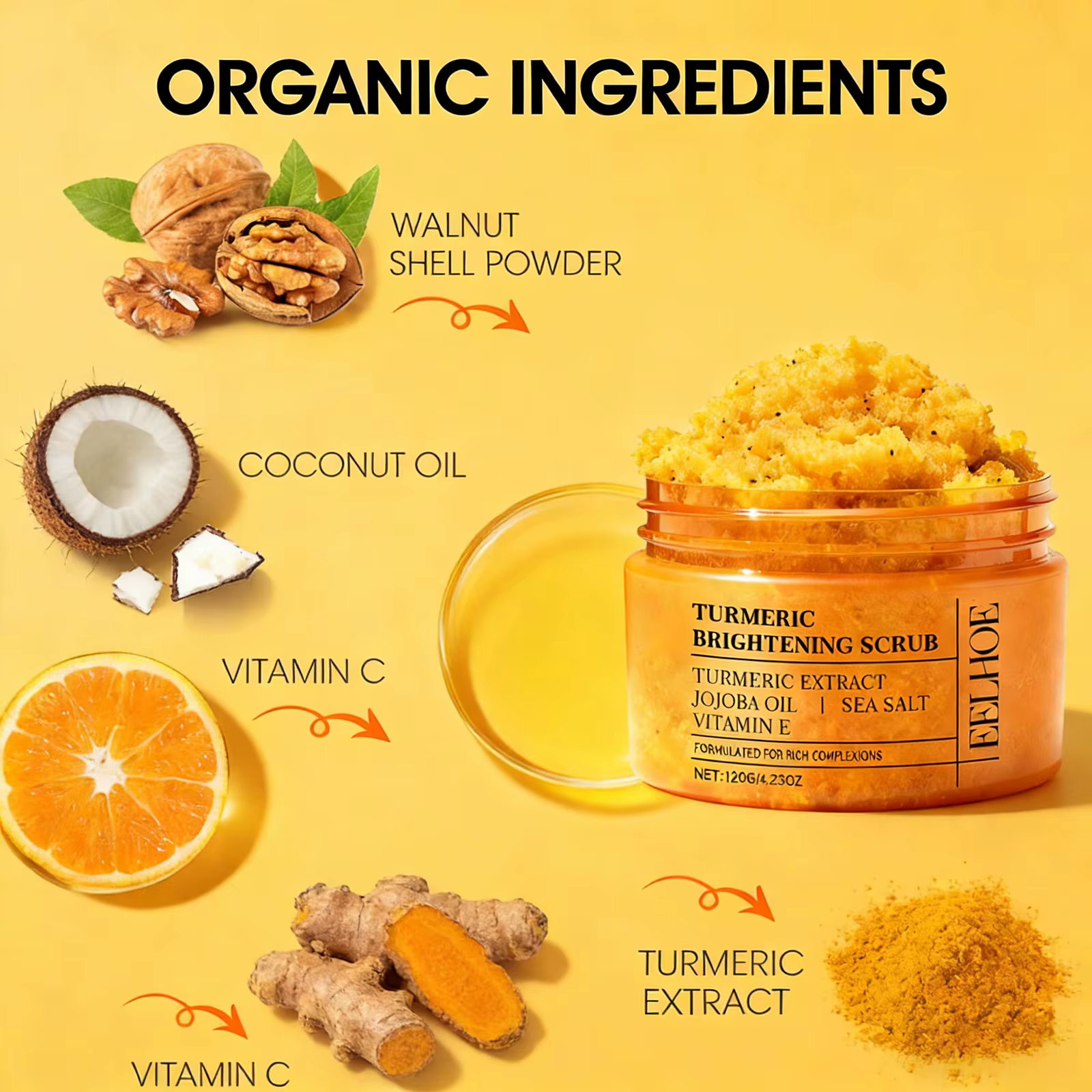 Gommage corporel au curcuma - Exfoliant entièrement naturel pour le corps, le visage, les mains et les pieds, hydrate et éclaircit la peau en douceur pour tous les types de peau