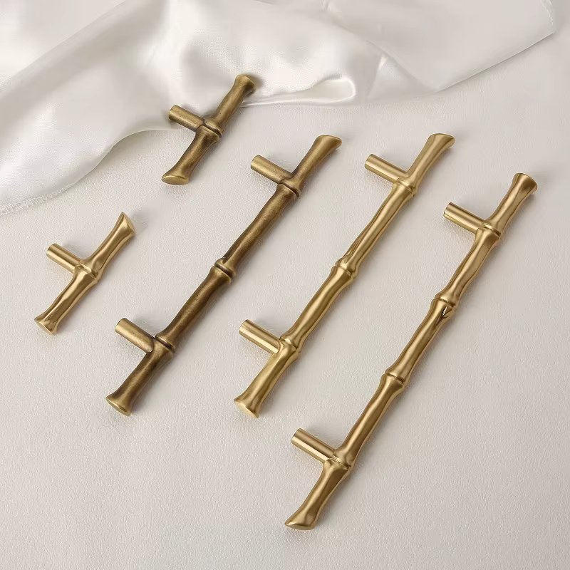 Poignée de meuble en forme de bambou en bronze nordique, en laiton massif, pour armoire de cuisine, poignée en T pour armoire, boutons vintage pour chambre à coucher